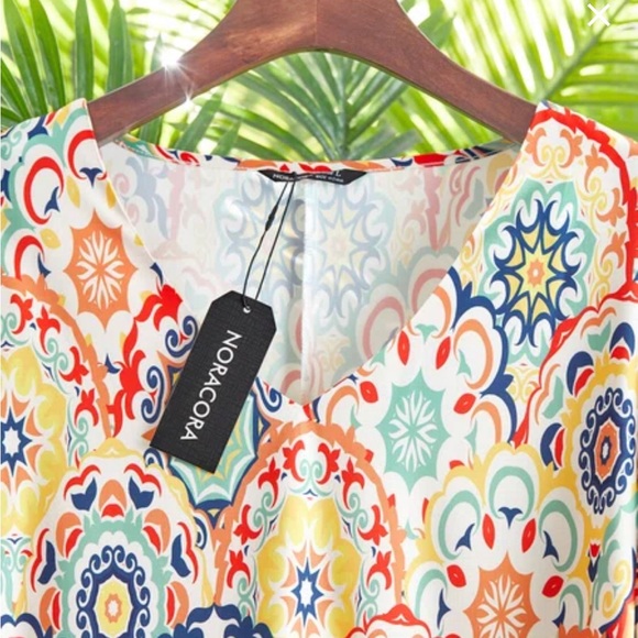 Chic Dress 3/4 Length Sleeve Multicolor Casual Summer Mini Dress Blue Orange - Picture 8 of 10